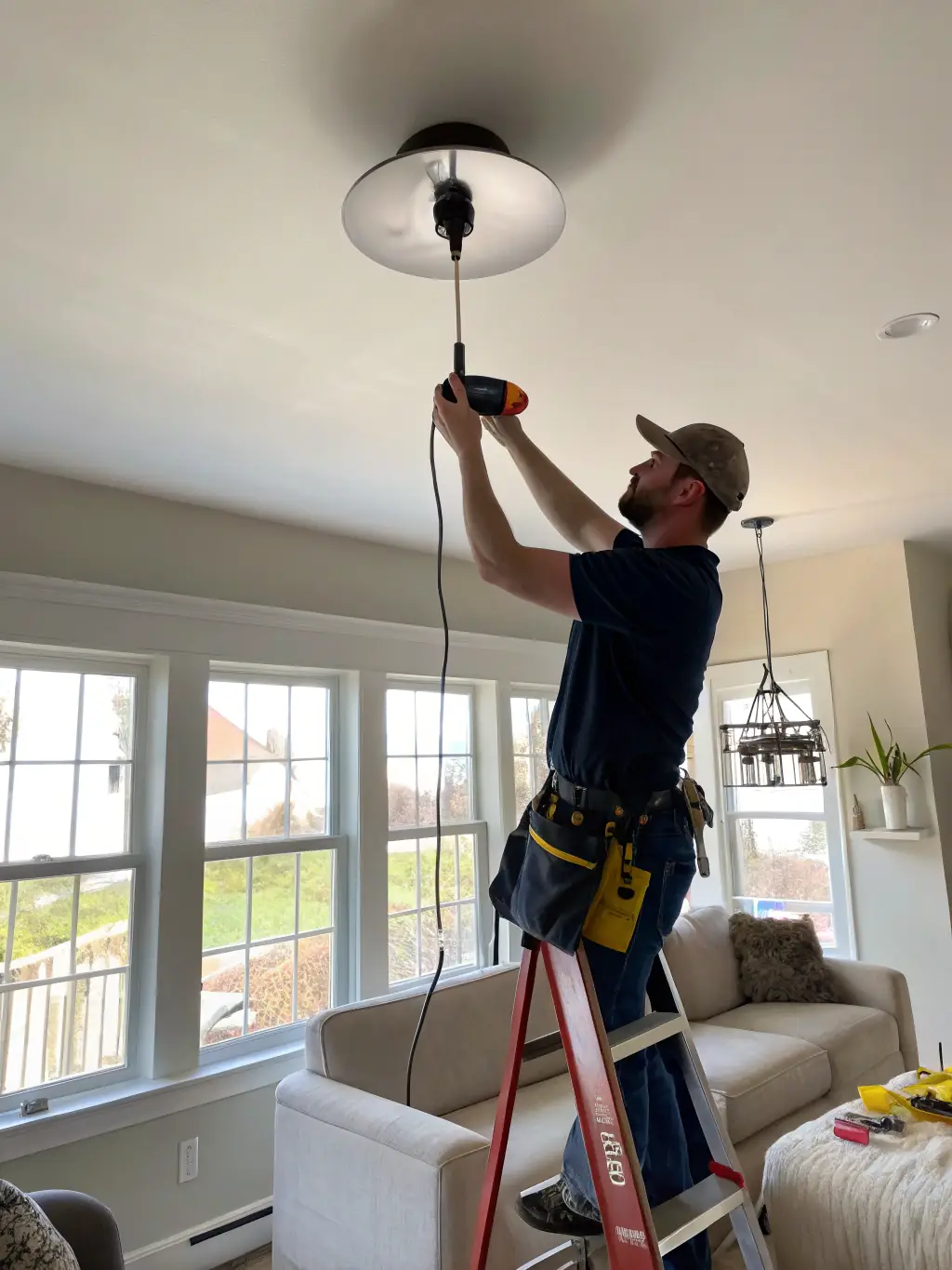 An electrician installing new lighting fixtures in a kitchen, highlighting safety and modern upgrades.