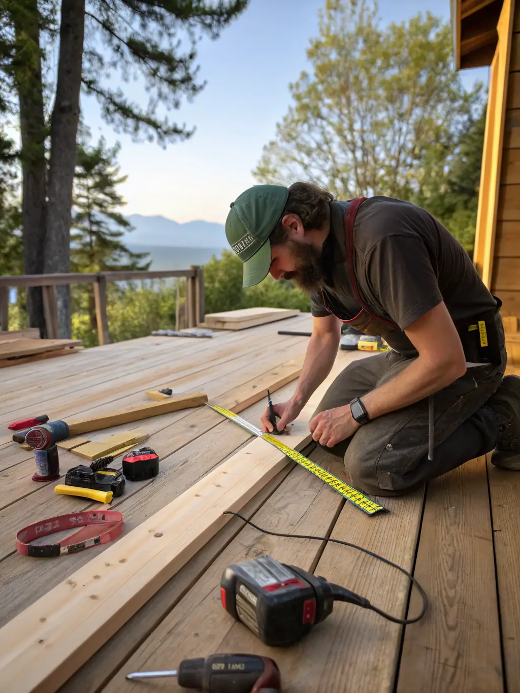 A carpenter building a custom deck in a backyard, showcasing craftsmanship and outdoor living solutions.