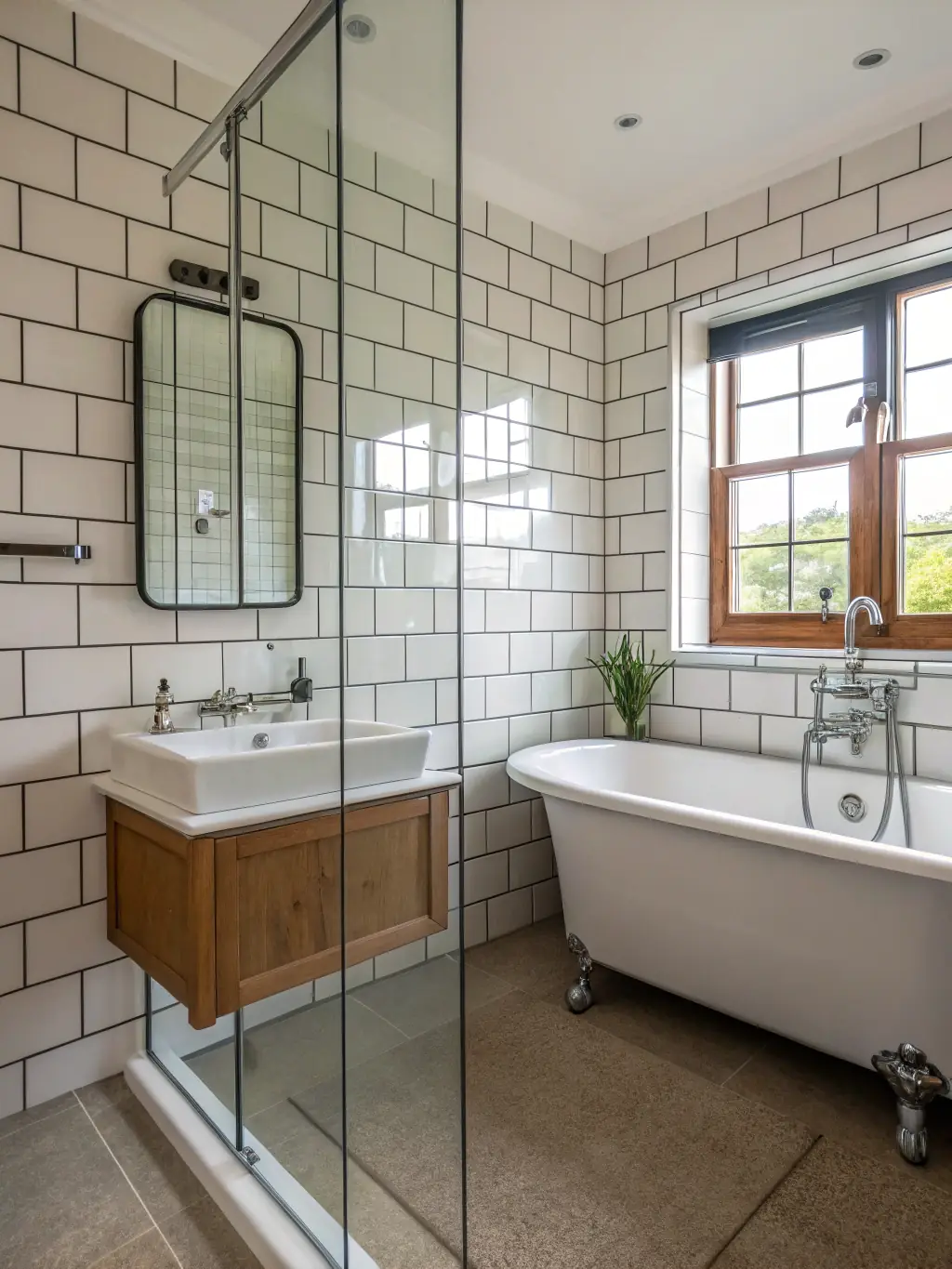 An interior shot of a completely remodeled bathroom featuring new tiling, a walk-in shower with glass doors, and updated fixtures, highlighting A1Projects' bathroom remodeling skills.