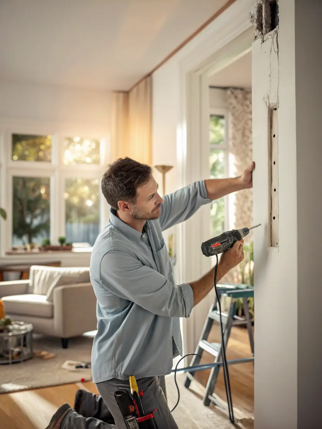 A handyman repairing drywall in a living room, showcasing attention to detail and quality workmanship.